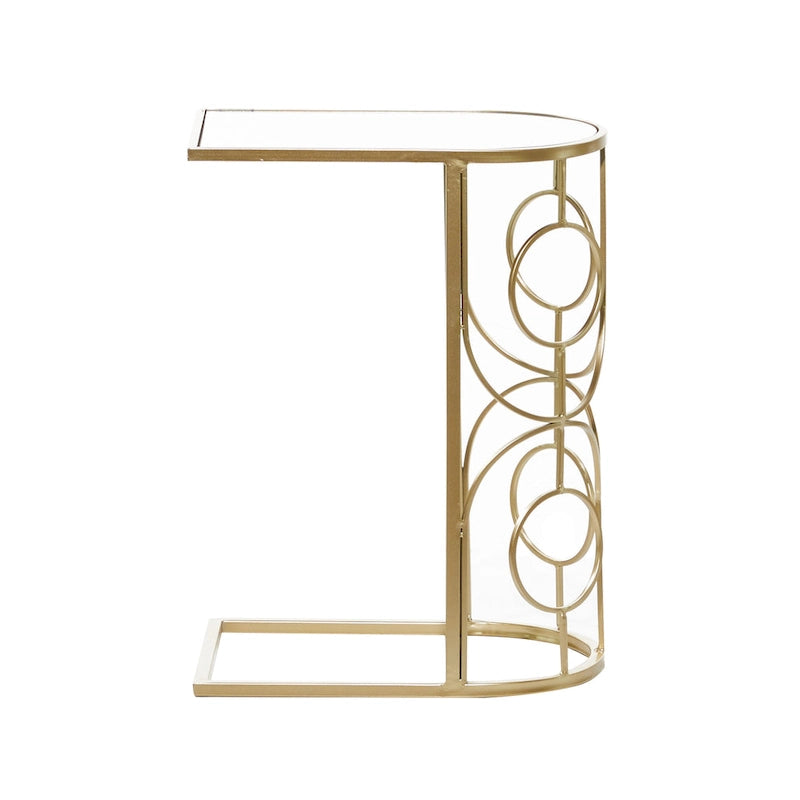 Table d'appoint géométrique dorée en forme de C avec plateau en verre miroir – 1 pièce