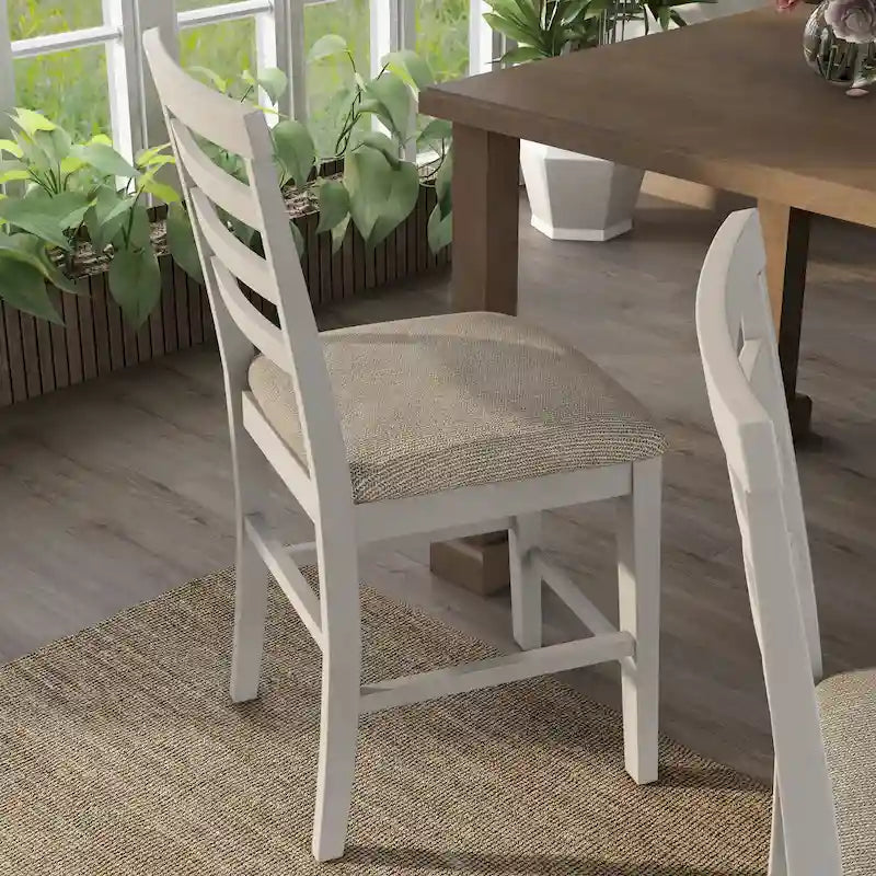 Chaises de comptoir à dossier échelle blanches, assise en tissu gris, lot de 2