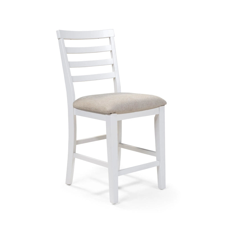 Chaises de comptoir à dossier échelle blanches, assise en tissu gris, lot de 2