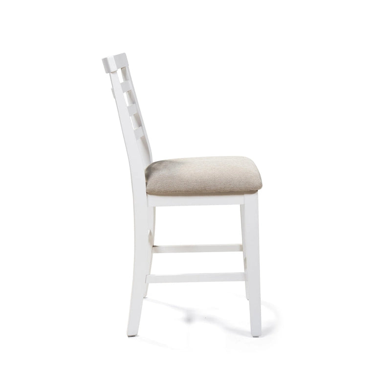 Chaises de comptoir à dossier échelle blanches, assise en tissu gris, lot de 2