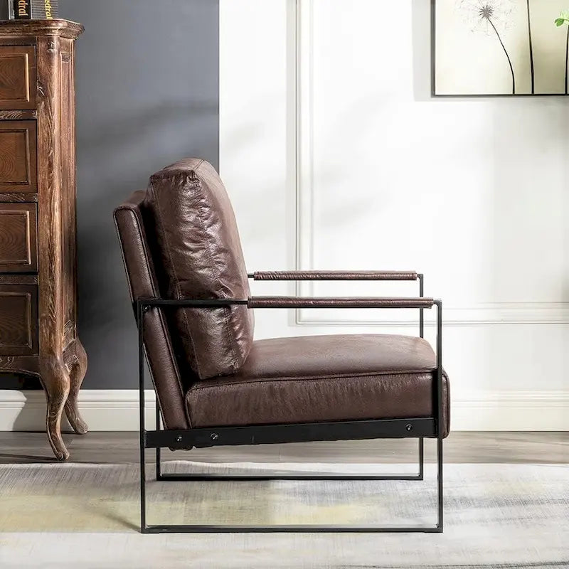 Fauteuil d'appoint en PU et microfibre noir / marron foncé / gris / camel, accoudoirs en métal, une place