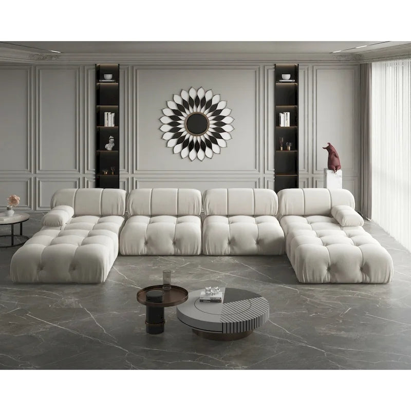 Canapé modulaire sectionnel en velours beige / orange / vert / noir / bleu avec pouf, 6 places