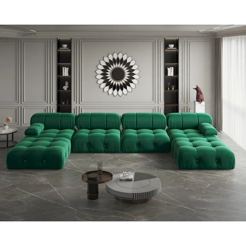 Canapé modulaire sectionnel en velours beige / orange / vert / noir / bleu avec pouf, 6 places