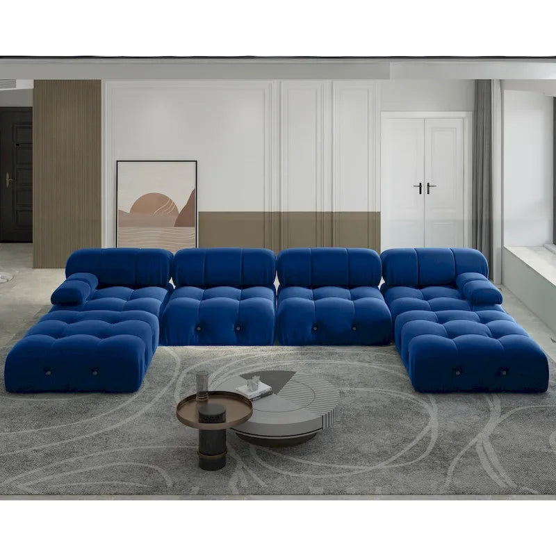 Canapé modulaire sectionnel en velours beige / orange / vert / noir / bleu avec pouf, 6 places