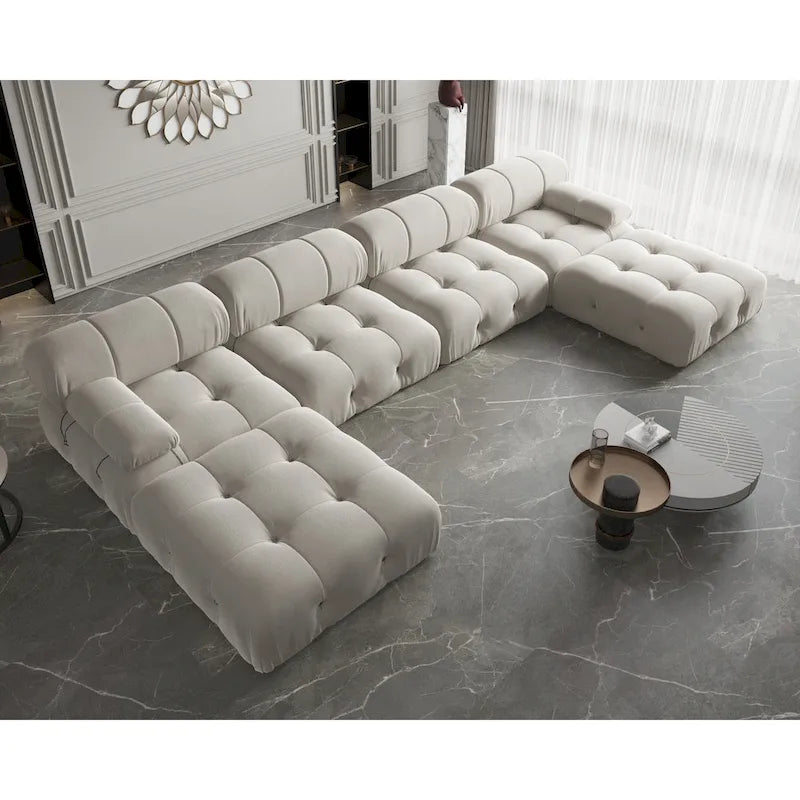 Canapé modulaire sectionnel en velours beige / orange / vert / noir / bleu avec pouf, 6 places