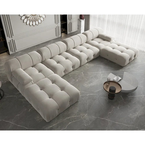 Canapé modulaire sectionnel en velours beige / orange / vert / noir / bleu avec pouf, 6 places