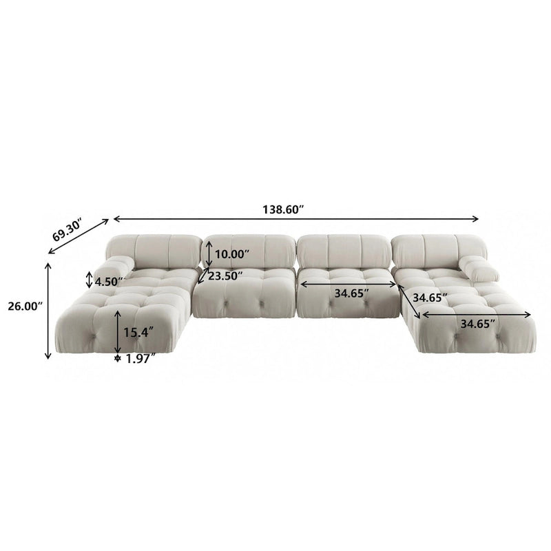 Canapé modulaire sectionnel en velours beige / orange / vert / noir / bleu avec pouf, 6 places