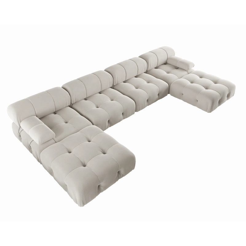Canapé modulaire sectionnel en velours beige / orange / vert / noir / bleu avec pouf, 6 places