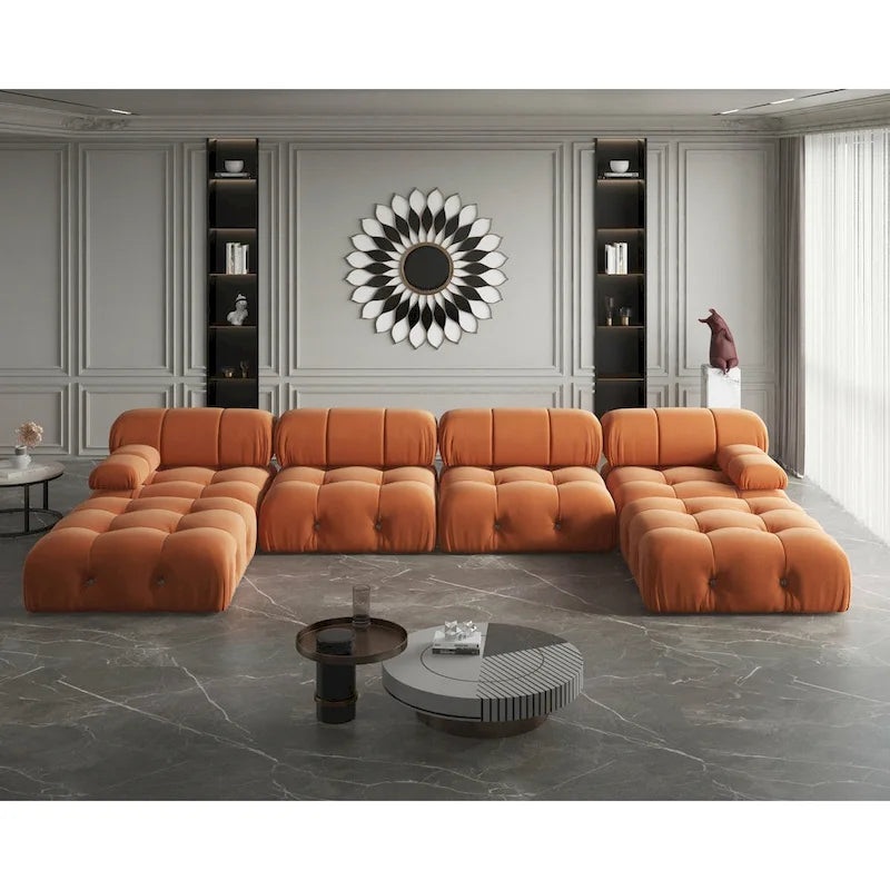 Canapé modulaire sectionnel en velours beige / orange / vert / noir / bleu avec pouf, 6 places