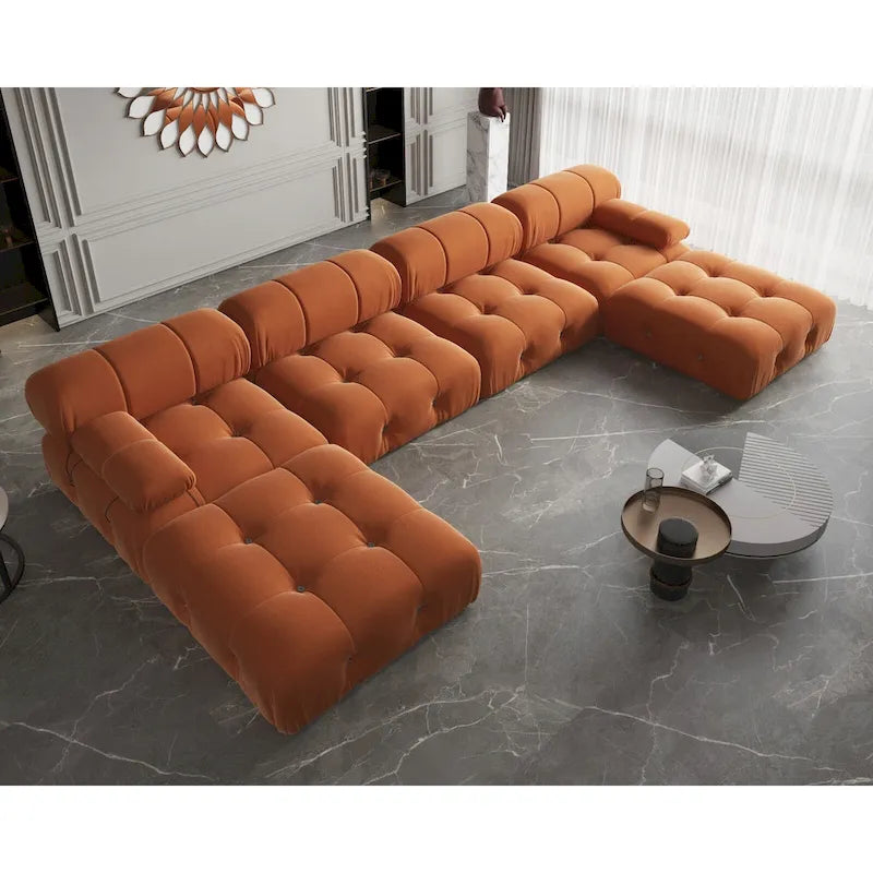 Canapé modulaire sectionnel en velours beige / orange / vert / noir / bleu avec pouf, 6 places