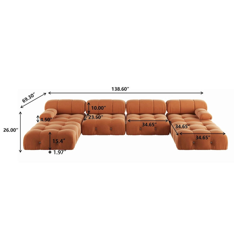 Canapé modulaire sectionnel en velours beige / orange / vert / noir / bleu avec pouf, 6 places