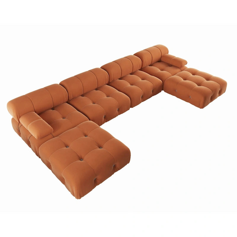Canapé modulaire sectionnel en velours beige / orange / vert / noir / bleu avec pouf, 6 places