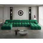 Canapé modulaire sectionnel en velours beige / orange / vert / noir / bleu avec pouf, 6 places