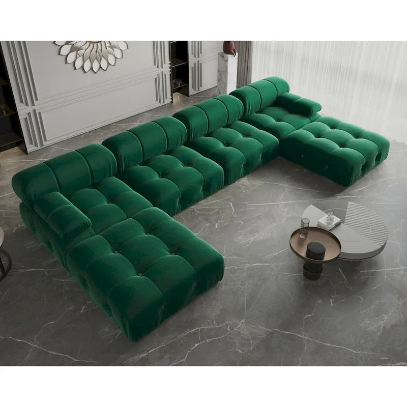 Canapé modulaire sectionnel en velours beige / orange / vert / noir / bleu avec pouf, 6 places