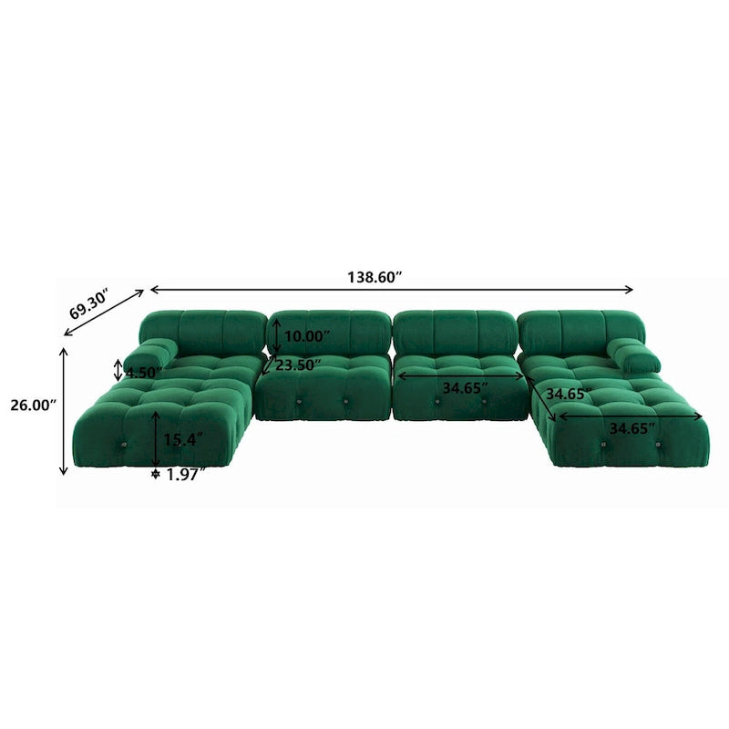 Canapé modulaire sectionnel en velours beige / orange / vert / noir / bleu avec pouf, 6 places