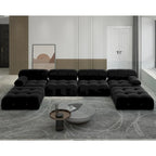 Canapé modulaire sectionnel en velours beige / orange / vert / noir / bleu avec pouf, 6 places