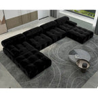 Canapé modulaire sectionnel en velours beige / orange / vert / noir / bleu avec pouf, 6 places