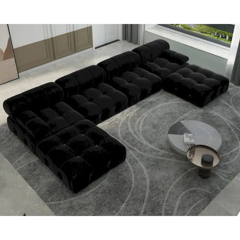 Canapé modulaire sectionnel en velours beige / orange / vert / noir / bleu avec pouf, 6 places