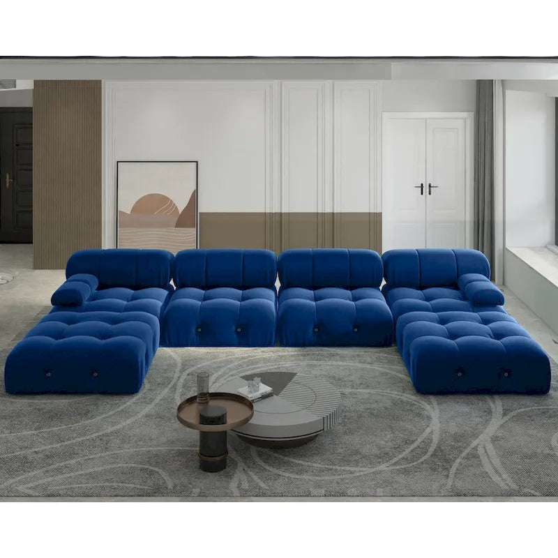 Canapé modulaire sectionnel en velours beige / orange / vert / noir / bleu avec pouf, 6 places