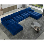 Canapé modulaire sectionnel en velours beige / orange / vert / noir / bleu avec pouf, 6 places