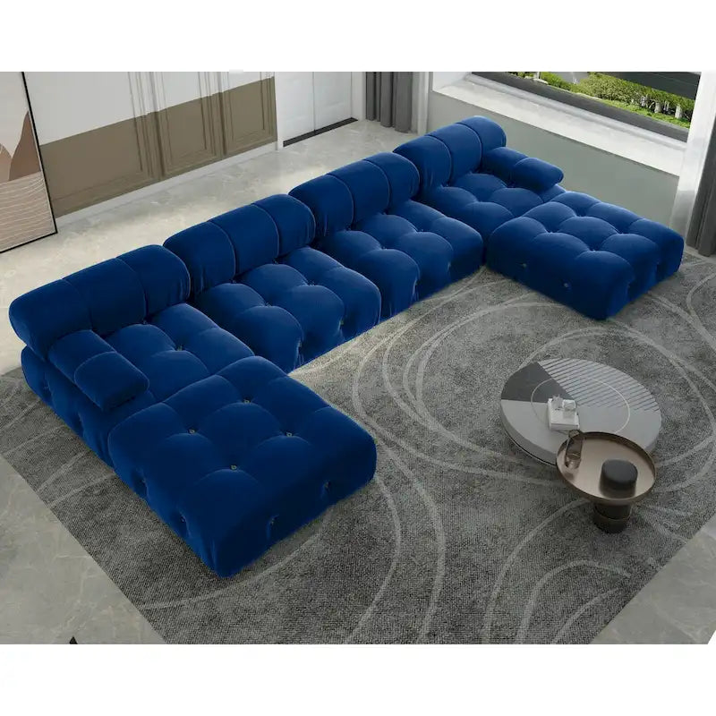 Canapé modulaire sectionnel en velours beige / orange / vert / noir / bleu avec pouf, 6 places