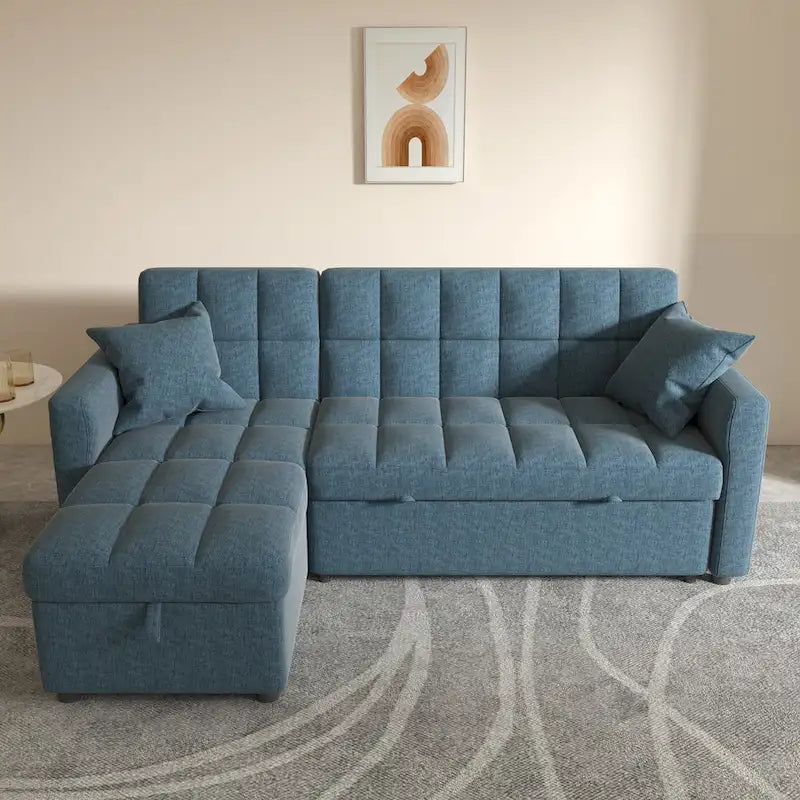 Canapé-lit d'angle escamotable 3 places bleu / vert / gris clair