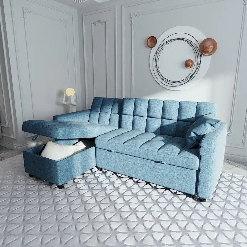 Canapé-lit d'angle escamotable 3 places bleu / vert / gris clair