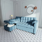 Canapé-lit d'angle escamotable 3 places bleu / vert / gris clair