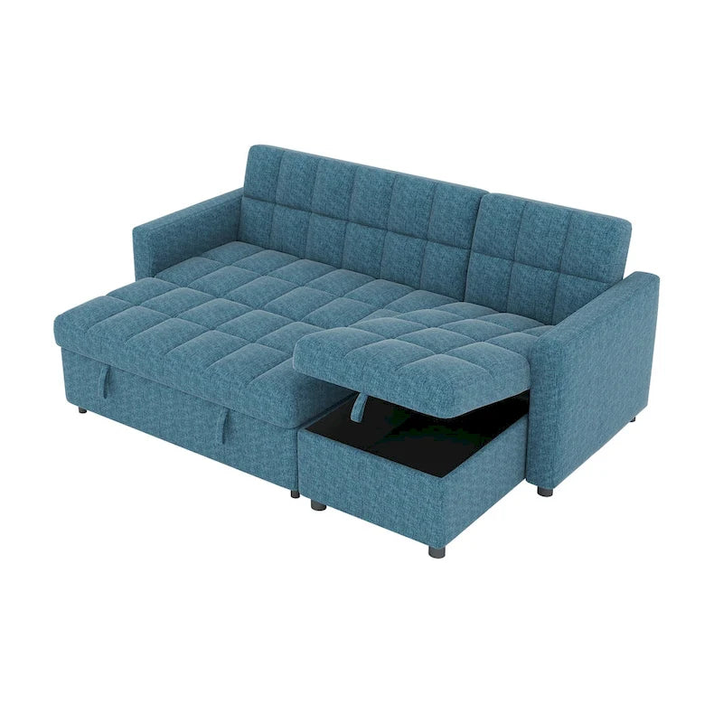 Canapé-lit d'angle escamotable 3 places bleu / vert / gris clair