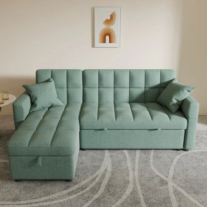 Canapé-lit d'angle escamotable 3 places bleu / vert / gris clair