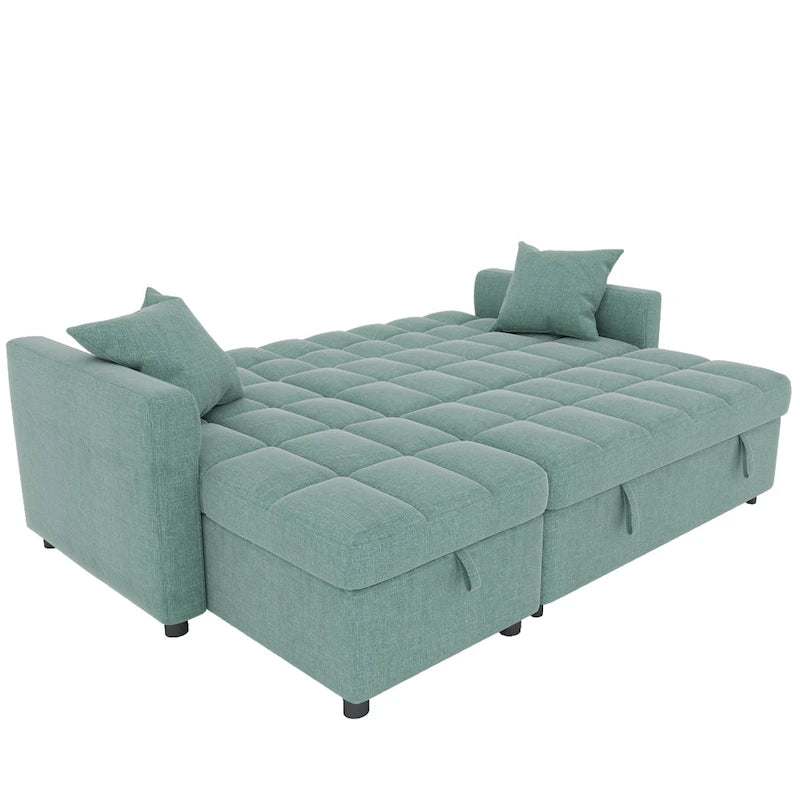 Canapé-lit d'angle escamotable 3 places bleu / vert / gris clair