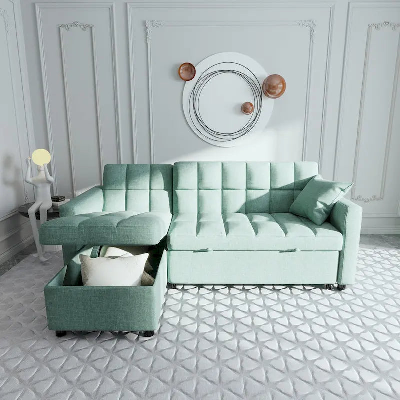 Canapé-lit d'angle escamotable 3 places bleu / vert / gris clair