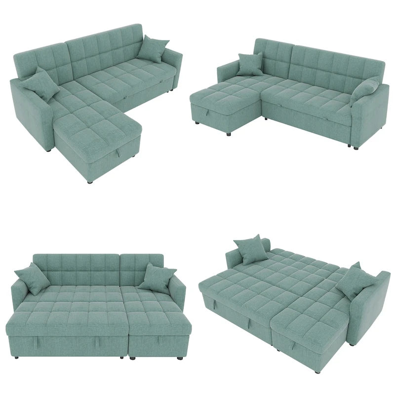 Canapé-lit d'angle escamotable 3 places bleu / vert / gris clair