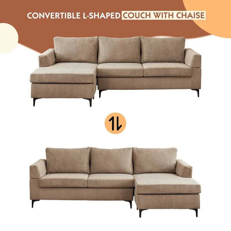 Canapé d'angle réversible 2 places gris / noir / camel en tissu polyester