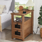 Table d'appoint avec station de recharge – Bûche/Gris/Cerisier/Blanc, 2 tiroirs, Recharge pour 2 personnes, Style fermette