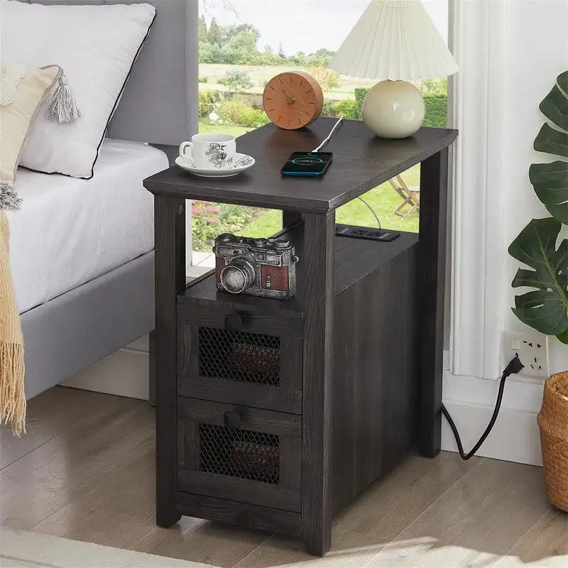 Table d'appoint avec station de recharge – Bûche/Gris/Cerisier/Blanc, 2 tiroirs, Recharge pour 2 personnes, Style fermette