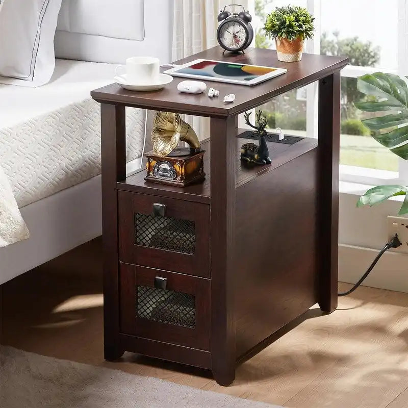 Table d'appoint avec station de recharge – Bûche/Gris/Cerisier/Blanc, 2 tiroirs, Recharge pour 2 personnes, Style fermette