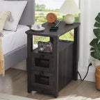 Table d'appoint avec station de recharge – Bûche/Gris/Cerisier/Blanc, 2 tiroirs, Recharge pour 2 personnes, Style fermette