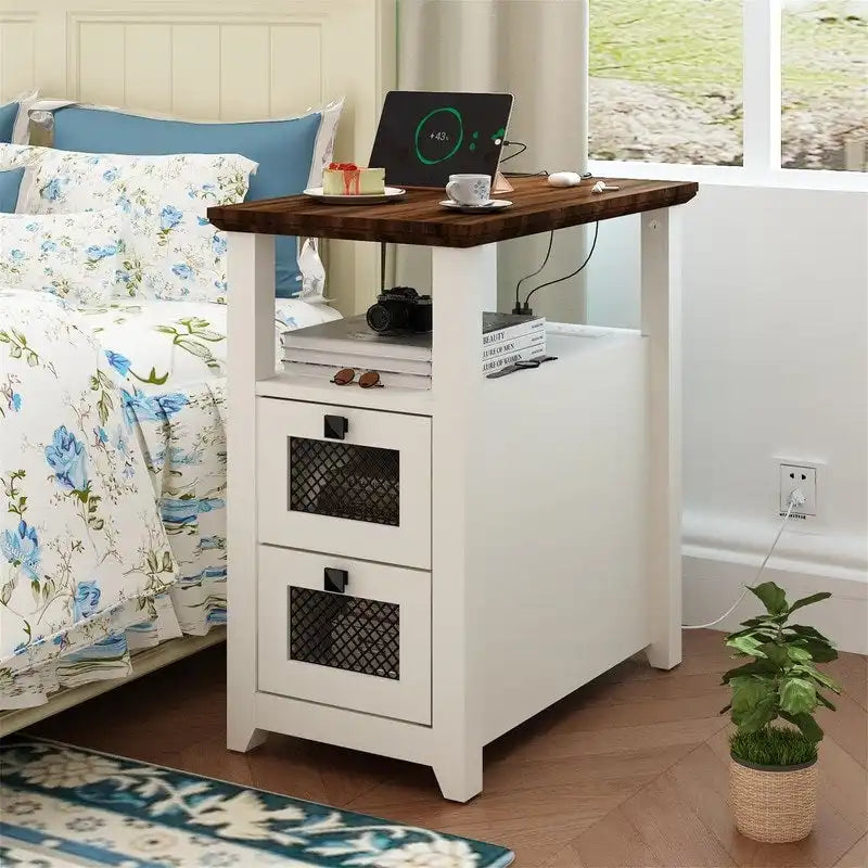 Table d'appoint avec station de recharge – Bûche/Gris/Cerisier/Blanc, 2 tiroirs, Recharge pour 2 personnes, Style fermette
