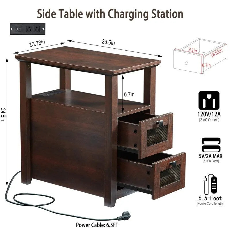 Table d'appoint avec station de recharge – Bûche/Gris/Cerisier/Blanc, 2 tiroirs, Recharge pour 2 personnes, Style fermette