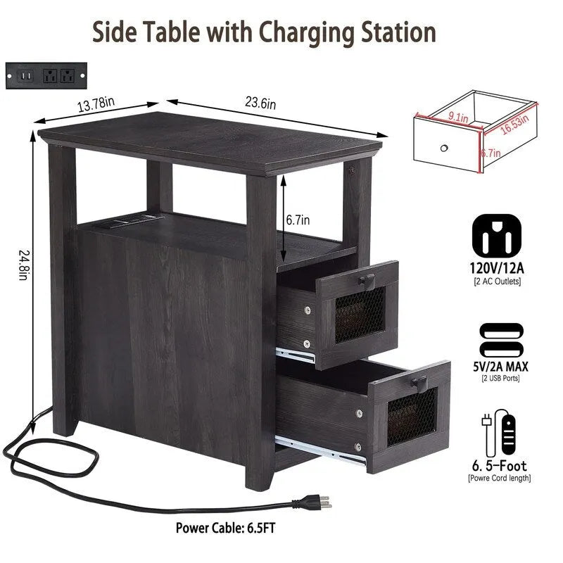Table d'appoint avec station de recharge – Bûche/Gris/Cerisier/Blanc, 2 tiroirs, Recharge pour 2 personnes, Style fermette