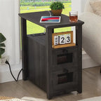 Table d'appoint avec station de recharge – Bûche/Gris/Cerisier/Blanc, 2 tiroirs, Recharge pour 2 personnes, Style fermette