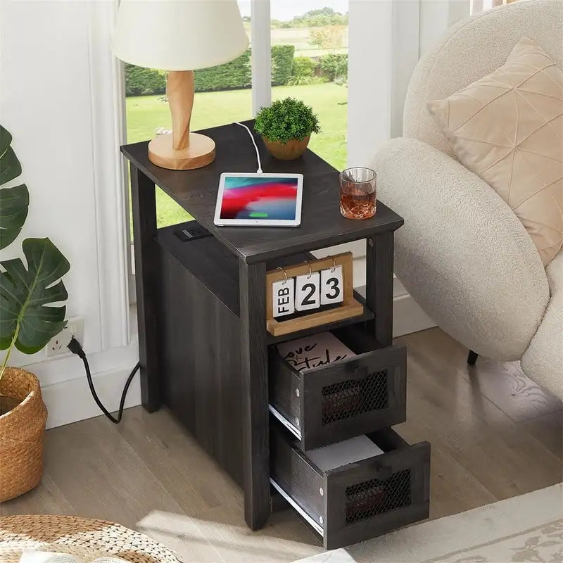 Table d'appoint avec station de recharge – Bûche/Gris/Cerisier/Blanc, 2 tiroirs, Recharge pour 2 personnes, Style fermette