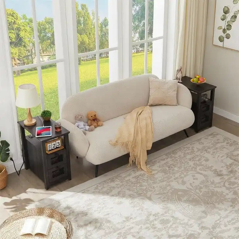 Table d'appoint avec station de recharge – Bûche/Gris/Cerisier/Blanc, 2 tiroirs, Recharge pour 2 personnes, Style fermette