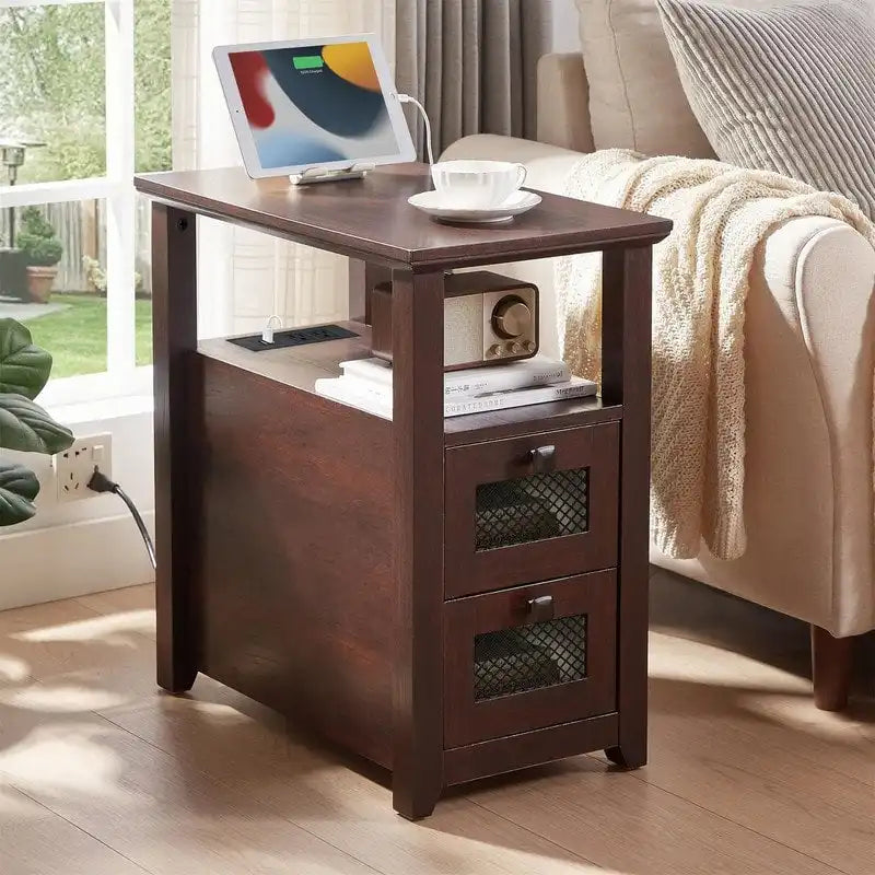 Table d'appoint avec station de recharge – Bûche/Gris/Cerisier/Blanc, 2 tiroirs, Recharge pour 2 personnes, Style fermette