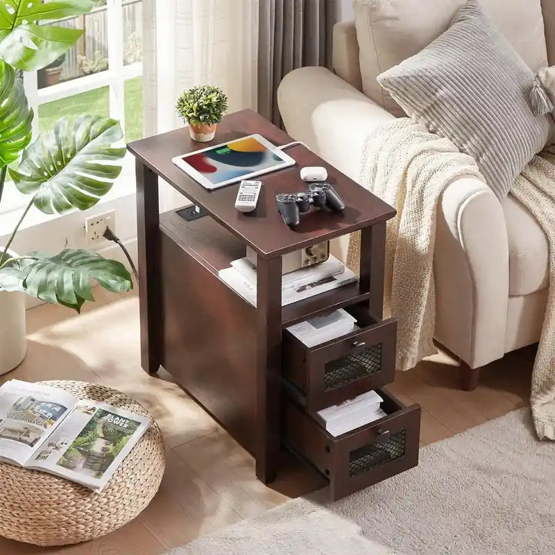 Table d'appoint avec station de recharge – Bûche/Gris/Cerisier/Blanc, 2 tiroirs, Recharge pour 2 personnes, Style fermette