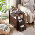 Table d'appoint avec station de recharge – Bûche/Gris/Cerisier/Blanc, 2 tiroirs, Recharge pour 2 personnes, Style fermette