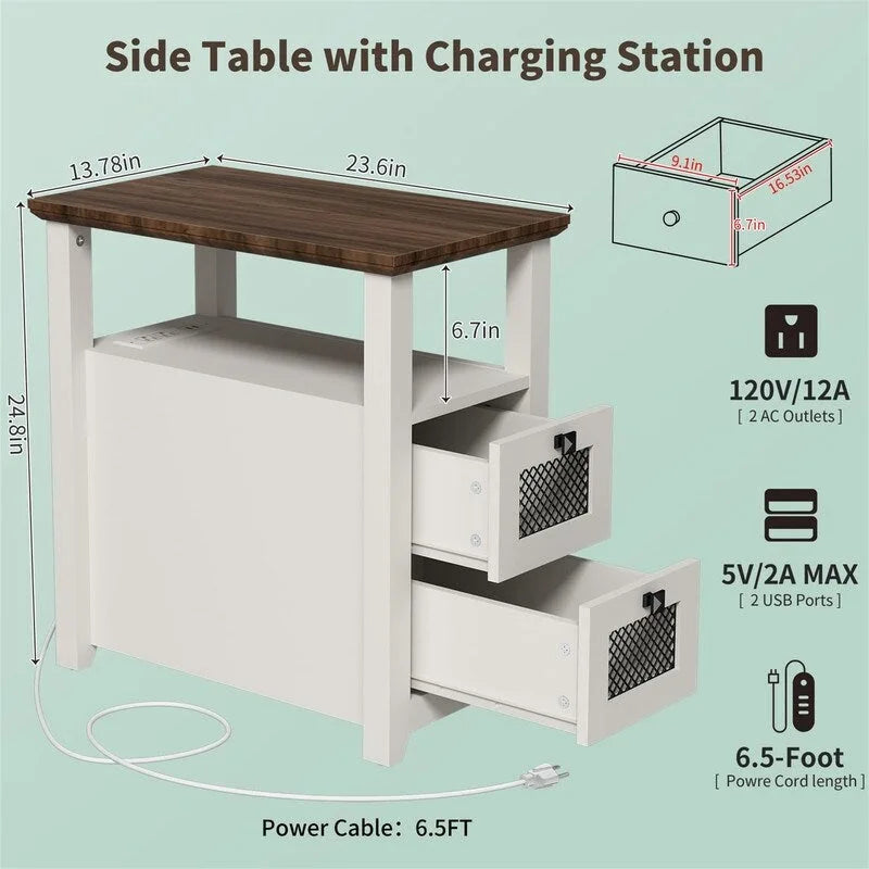 Table d'appoint avec station de recharge – Bûche/Gris/Cerisier/Blanc, 2 tiroirs, Recharge pour 2 personnes, Style fermette