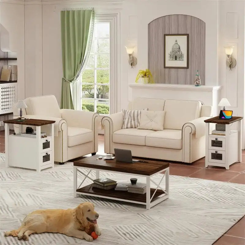 Table d'appoint avec station de recharge – Bûche/Gris/Cerisier/Blanc, 2 tiroirs, Recharge pour 2 personnes, Style fermette