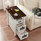 Table d'appoint avec station de recharge – Bûche/Gris/Cerisier/Blanc, 2 tiroirs, Recharge pour 2 personnes, Style fermette